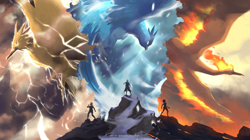 1boy, 2girls, articuno, bird, blanche_(pokemon), blonde_hair, candela_(pokemon), coat, commentary, electricity, fire, highres, kelvin-trainerk, moltres, multiple_girls, pokemon, pokemon_(creature), pokemon_(game), pokemon_go, short_hair, snow, snowing, spark_(pokemon), standing, twitter_username, zapdos