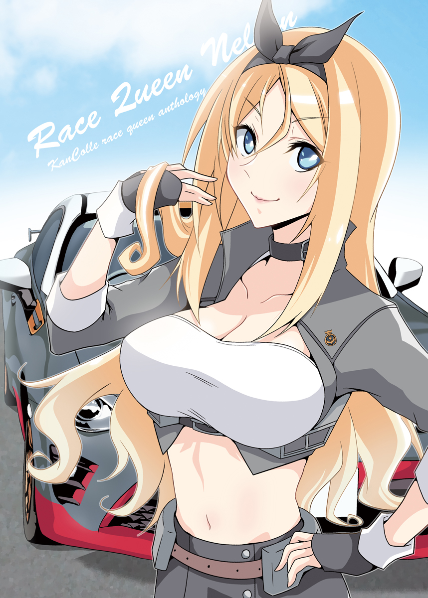 1girl, black_choker, blonde_hair, blue_eyes, breasts, car, choker, cropped_jacket