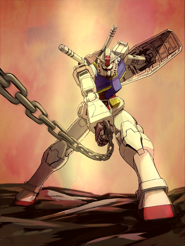 chain, fighting_stance, gundam, holding, holding_shield, mecha, moroboshi_(zeonicside3), no_humans, outdoors, rx-78-2, shield