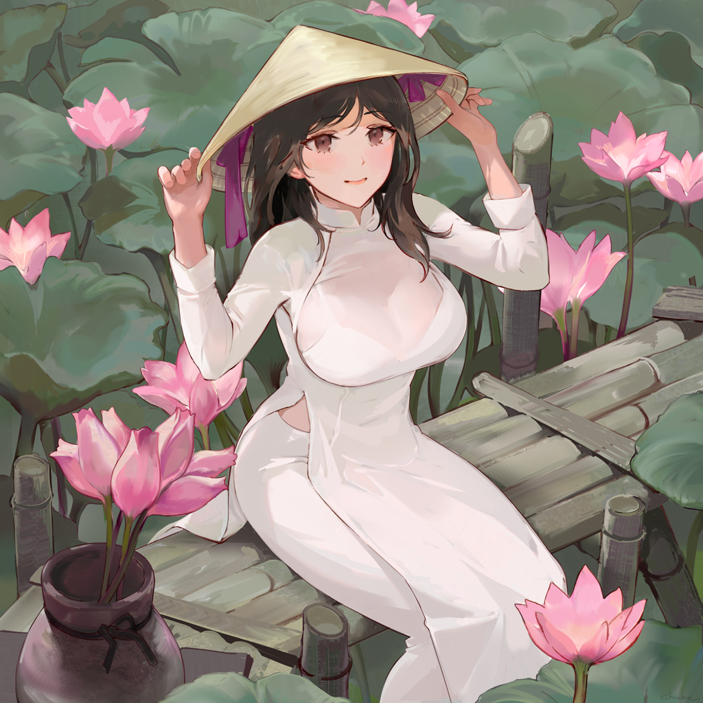 1girl, black_hair, bra, bralines, breasts, brown_eyes, chowbie, dress