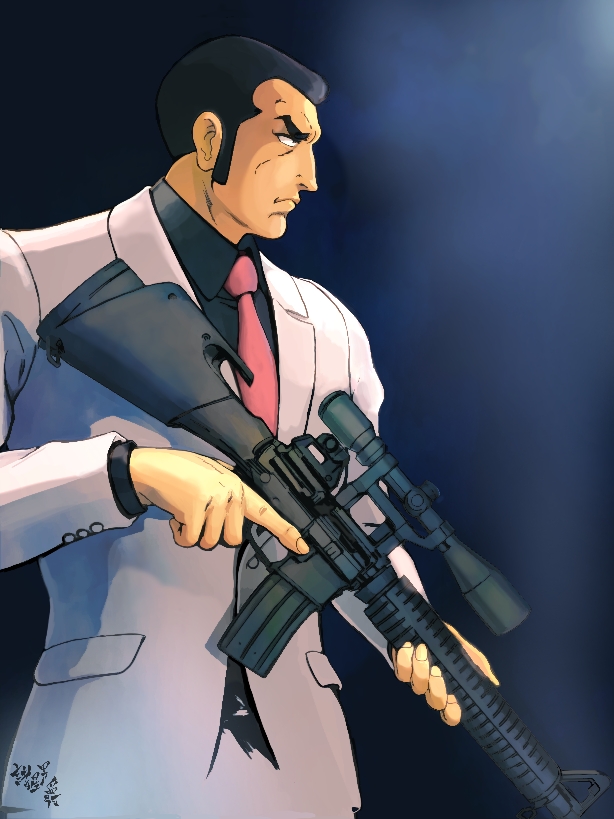 1boy, black_background, black_hair, duke_tougou, formal, golgo_13, gun, holding, holding_gun, holding_weapon, long_sleeves, male_focus, moroboshi_(zeonicside3), necktie, red_necktie, rifle, short_hair, sideburns, simple_background, sniper_rifle, solo, standing, suit, trigger_discipline, weapon, white_suit