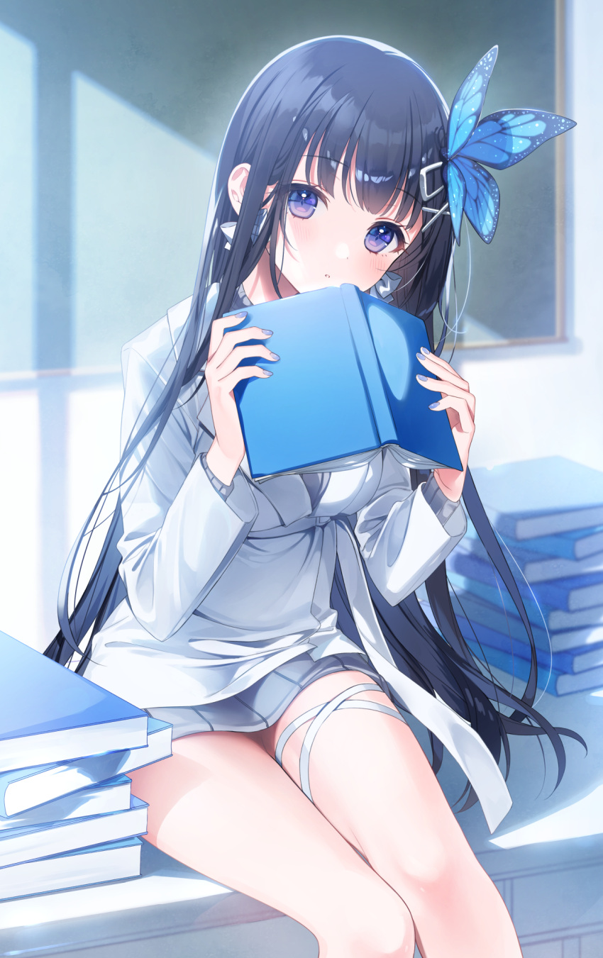 1girl, a20_(atsumaru), aoi_nabi, bangs, black_hair, book, book_stack, butterfly_hair_ornament