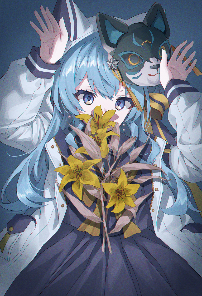 1girl, animal_ears, animal_hood, arms_up, bangs, black_sailor_collar, black_serafuku, black_shirt