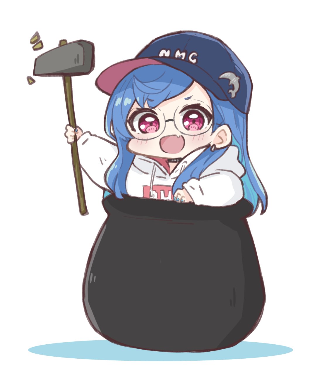 1girl, :d, bad_id, bad_twitter_id, baseball_cap, blue_hair, blue_headwear, blue_nails