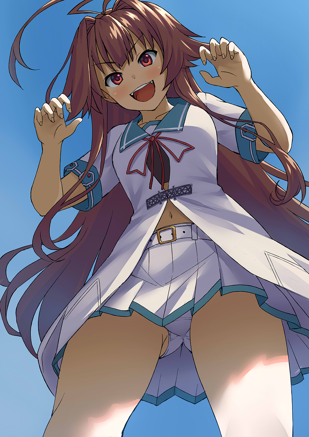 1girl, :d, ahoge, belt, brown_eyes, brown_hair, commission, giant, giantess, highres, huge_ahoge, kantai_collection, kuma_(kancolle), kuma_kai_ni_(kancolle), kuro_oolong, long_hair, looking_down, navel, panties, pleated_skirt, red_ribbon, ribbon, sailor_collar, school_uniform, serafuku, shirt, short_sleeves, signature, skeb_commission, skirt, smile, solo, underwear, very_long_hair, white_belt, white_panties, white_shirt, white_skirt