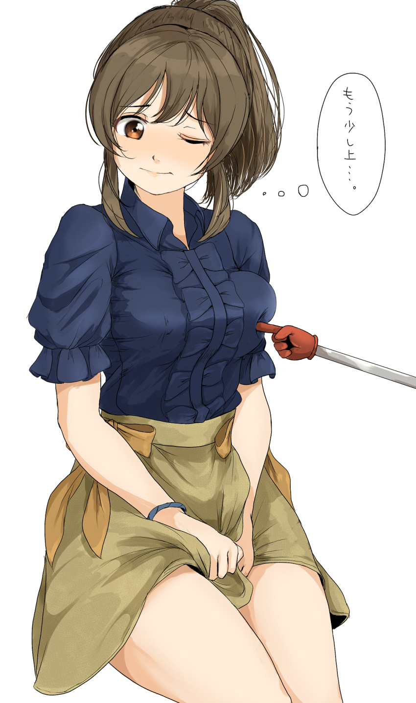 1girl, ;|, breast_poke, brown_hair, frilled_sleeves, frills, gatsby_ssl, highres, holding, holding_clothes, holding_skirt, hori_yuko, idolmaster, idolmaster_cinderella_girls, looking_at_object, pointing_stick, poking, ponytail, simple_background, skindentation, skirt, solo, thought_bubble, white_background