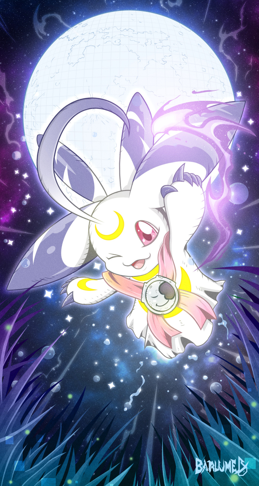 absurdres, arm_up, artist_name, barlume_(barlzar), claws, crescent, digimon, digimon_(creature)