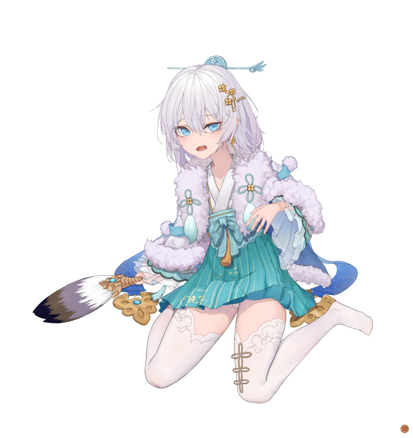 1girl, :o, absurdres, bangs, blue_eyes, blue_skirt, chinese_clothes, full_body, hair_between_eyes, hair_ornament, hand_fan, highres, holding, holding_fan, honkai_(series), honkai_impact_3rd, long_hair, long_sleeves, looking_at_viewer, no_shoes, panties, prm647, shirt, simple_background, sitting, skirt, theresa_apocalypse, theresa_apocalypse_(starlit_astrologos), thigh-highs, underwear, wariza, white_background, white_hair, white_legwear, white_panties, white_shirt, zhuge_kongming_(honkai_impact)