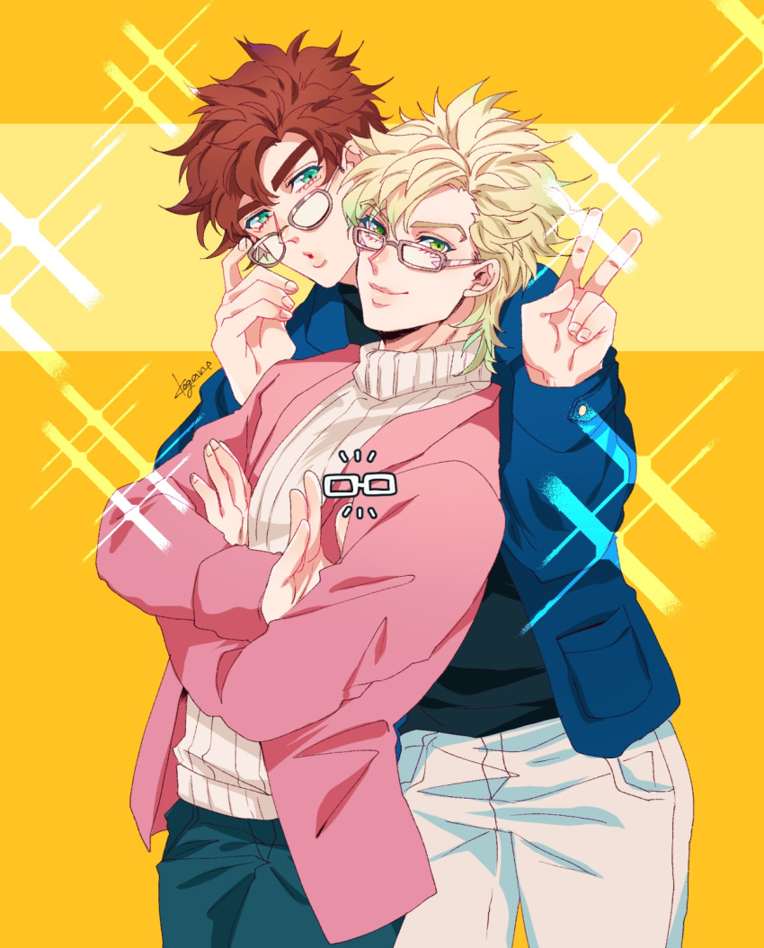 2boys, battle_tendency, bespectacled, blue_jacket, brown_hair, caesar_anthonio_zeppeli, casual, crossed_arms