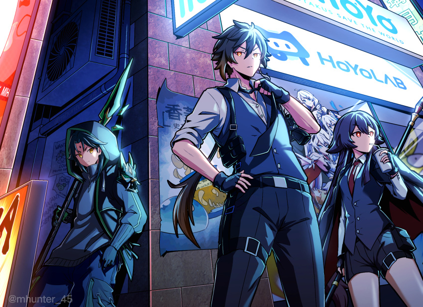 2boys, 5girls, air_conditioner, alternate_costume, bangs, belt, black_gloves, black_hair, black_shorts, blue_eyes, breasts, brown_hair, collared_shirt, company_connection, company_name, cowboy_shot, crossover, cup, drinking, drinking_straw, drinking_straw_in_mouth, earrings, english_text, facial_mark, fingerless_gloves, flower-shaped_pupils, forehead_mark, formal, genshin_impact, gloves, gradient_hair, green_gloves, green_hair, gun, hair_between_eyes, handgun, highres, holding, holding_polearm, holding_weapon, honkai_(series), honkai_impact_3rd, hood, hooded_jacket, hu_tao_(genshin_impact), instagram_username, jacket, jewelry, kiana_kaslana, kiana_kaslana_(herrscher_of_flamescion), light, long_hair, long_sleeves, looking_at_viewer, mask, mhunter_45, mihoyo_technology_(shanghai)_co._ltd., multicolored_hair, multiple_boys, multiple_girls, necktie, paimon_(genshin_impact), parted_bangs, pipes, pistol, polearm, ponytail, poster_(object), primordial_jade_winged-spear_(genshin_impact), red_eyes, shadow, shirt, short_hair_with_long_locks, shorts, shoulder_pads, single_earring, slime_(genshin_impact), slit_pupils, spear, star-shaped_pupils, star_(symbol), suit, symbol-shaped_pupils, tassel, tassel_earrings, twintails, two-tone_hair, very_long_hair, vest, weapon, white_hair, xiao_(genshin_impact), yellow_eyes, zhongli_(genshin_impact)