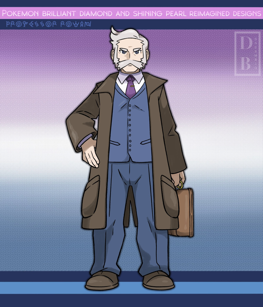 1boy, blue_jacket, blue_pants, brown_bag, brown_coat, brown_footwear, buttons, closed_mouth