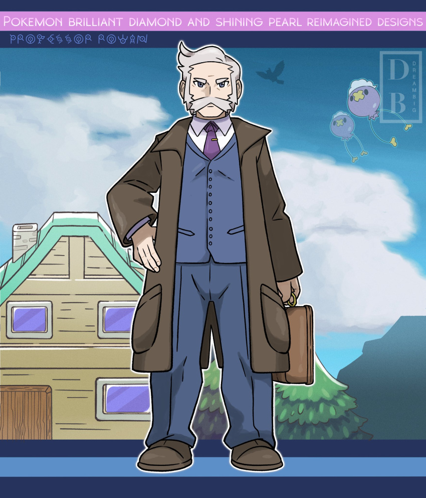 1boy, blue_jacket, blue_pants, brown_bag, brown_coat, brown_footwear, buttons, closed_mouth