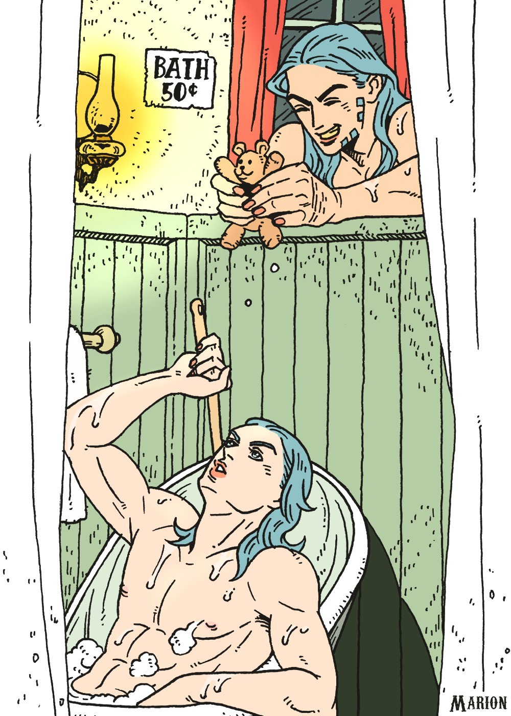 2boys, bath_brush, bathing, bathtub, beanie, blue_hair, brown_hair, curtains
