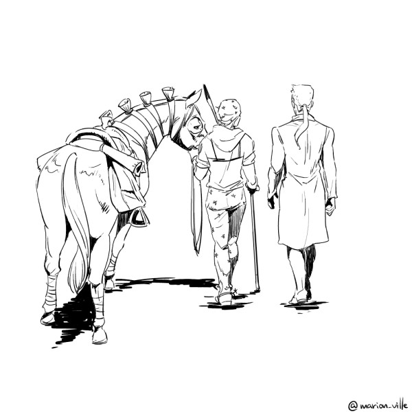 2boys, beanie, brothers, cane, from_behind, greyscale, hat, horse