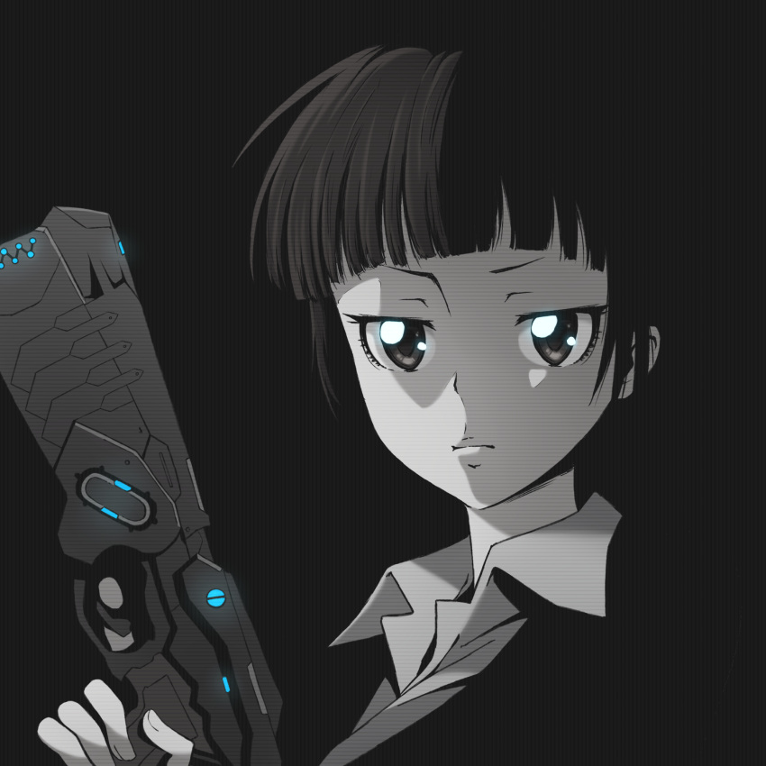 1girl, bangs, black_background, blunt_bangs, closed_mouth, commentary, dominator_(gun), english_commentary