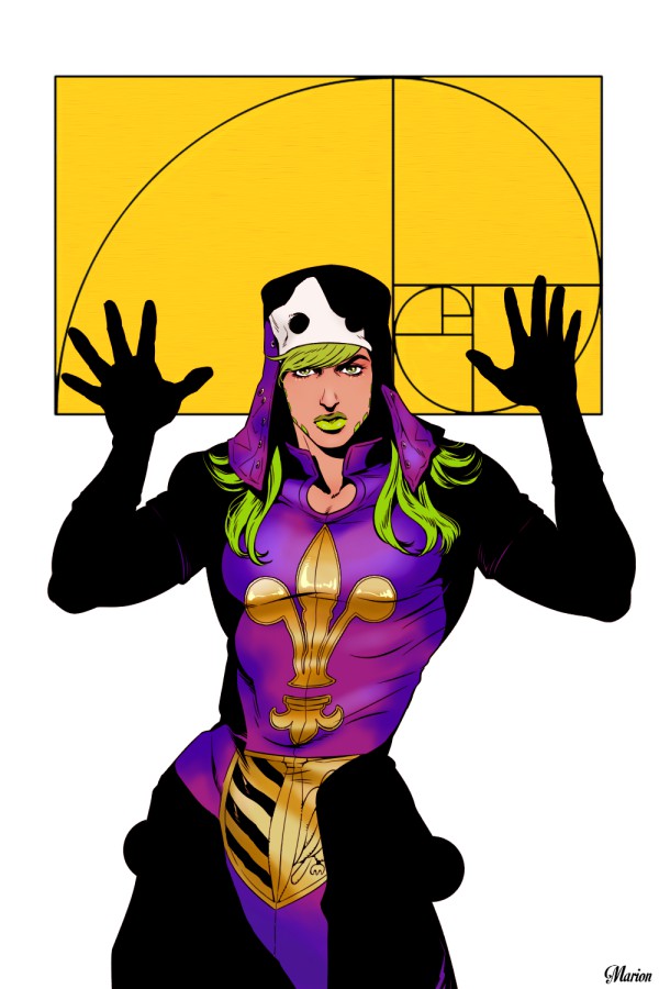1boy, fleur_de_lis, golden_ratio, green_hair, green_lips, gyro_zeppeli, hands_up, hat