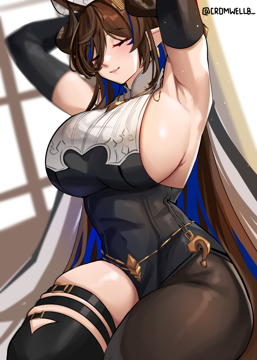 1girl, absurdres, animal_ears, armpits, arms_behind_head, arms_up, bangs, bare_shoulders