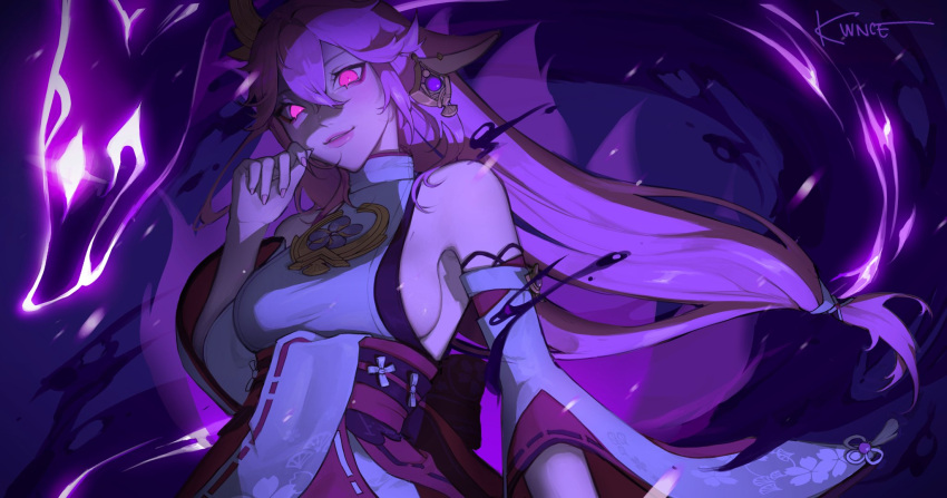 1girl, animal_ears, bangs, bare_shoulders, breasts, commentary, detached_sleeves, earrings