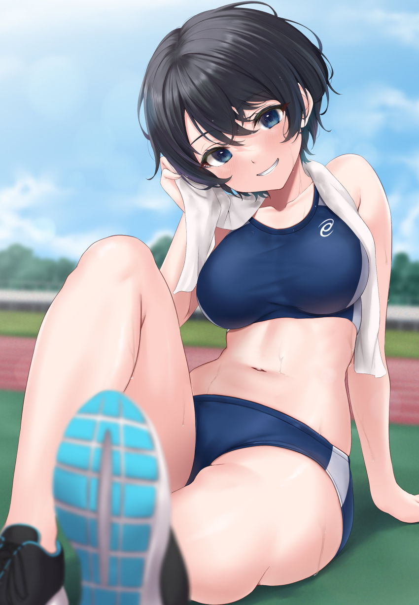 1girl, absurdres, bare_arms, bare_legs, bare_shoulders, black_hair, blue_buruma, blue_eyes, blurry, breasts, buruma, collarbone, crop_top, day, depth_of_field, grin, highres, knee_up, large_breasts, looking_at_viewer, midriff, navel, original, outdoors, rama_(yu-light8), shoes, short_hair, sitting, sleeveless, smile, sneakers, solo, sports_bra, stomach, sweat, taut_clothes, thighs, towel, towel_around_neck, track_and_field