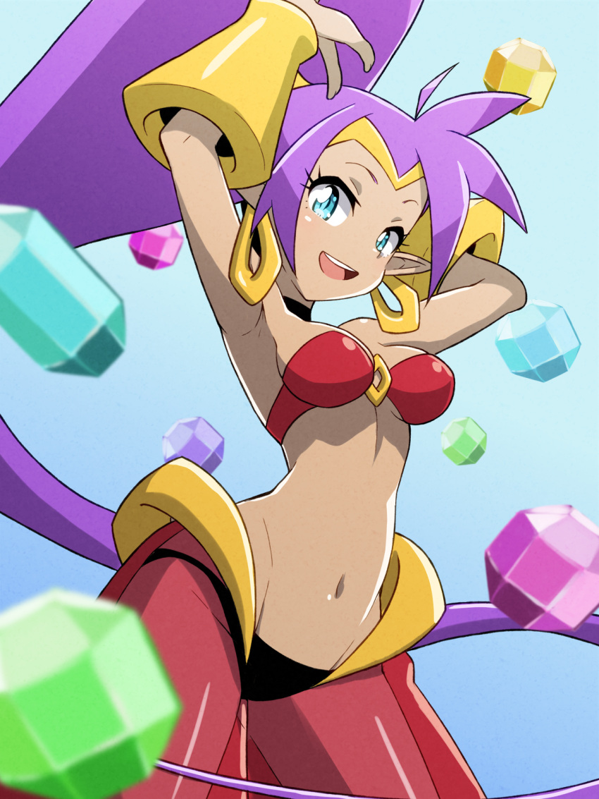 1girl, :d, aqua_background, arabian_clothes, arm_guards, armpits, arms_up, bangs