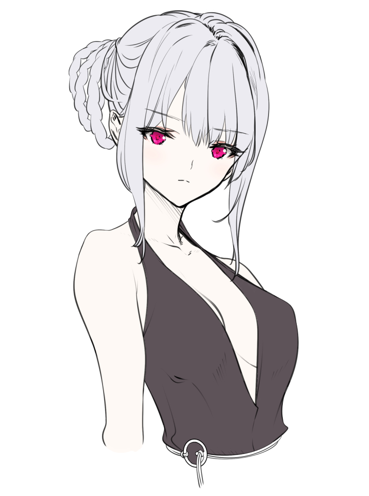 1girl, bangs, bare_shoulders, black_shirt, breasts, character_request, closed_mouth, collarbone