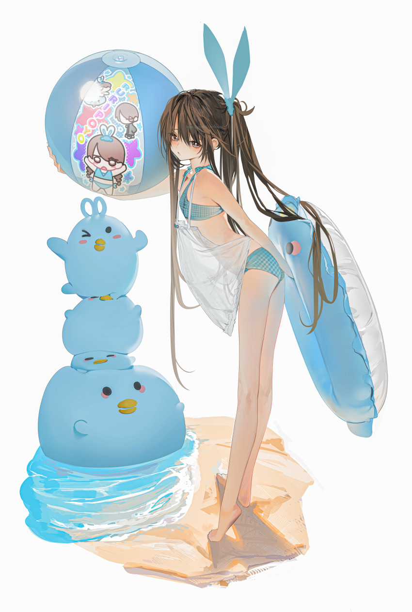 1girl, absurdres, animal_ears, ball, bangs, bare_shoulders, barefoot, beach