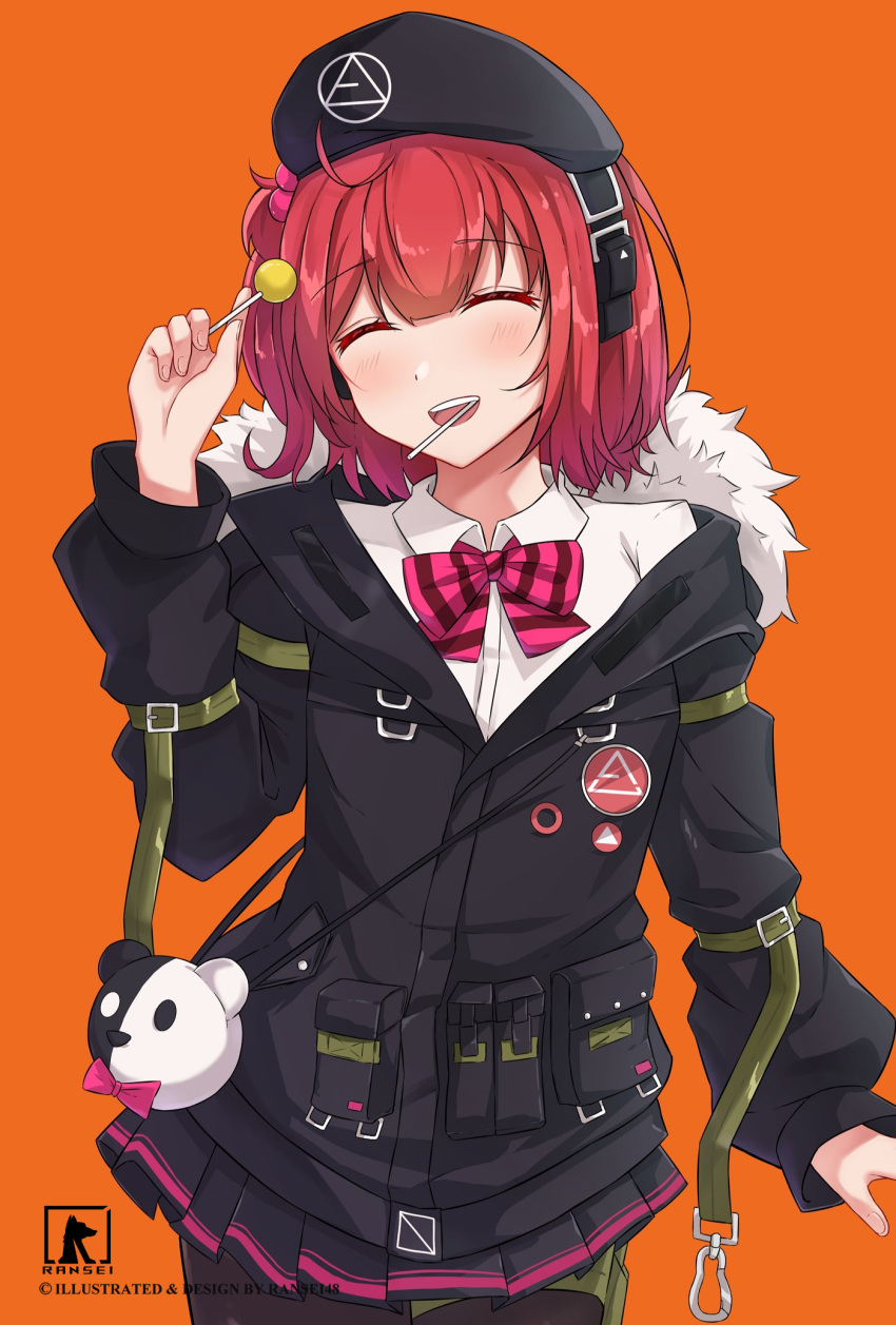 1girl, ahoge, artist_name, bangs, beret, black_jacket, black_legwear, black_skirt