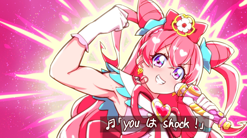 1girl, armpits, blush, bow, brooch, cure_precious, delicious_party_precure, double_bun