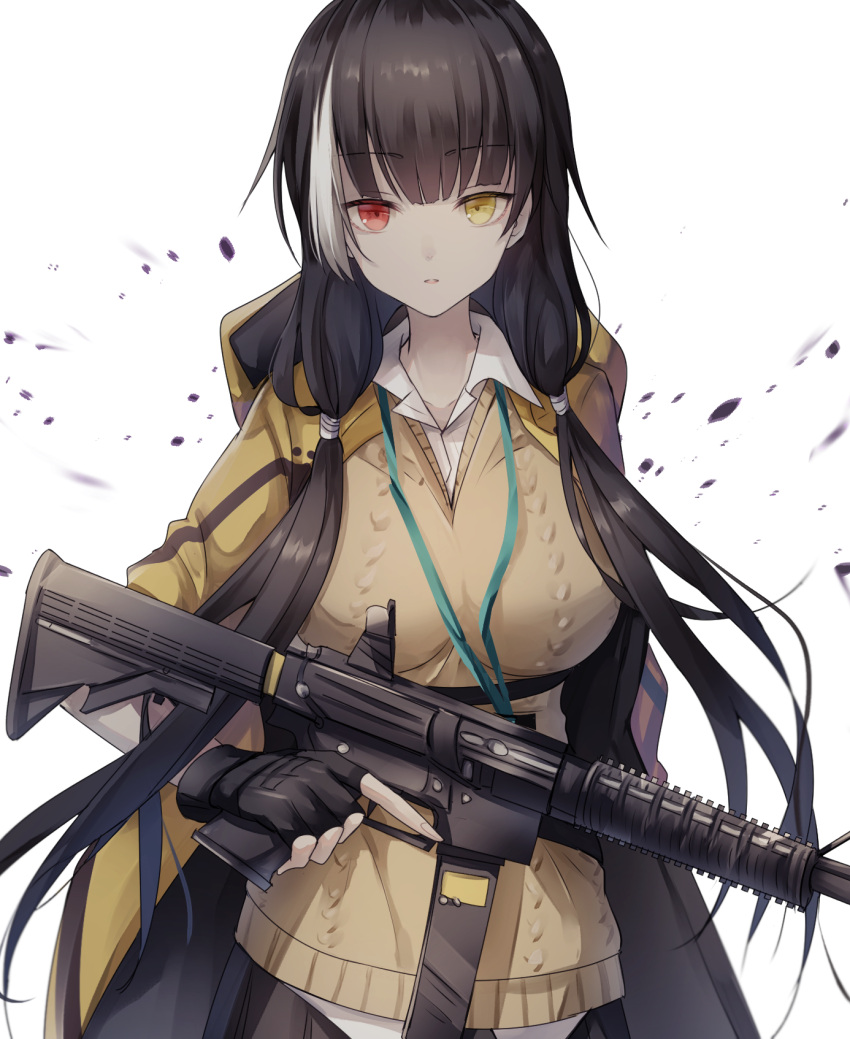 1girl, bangs, black_gloves, black_hair, breasts, brown_vest, closed_mouth, eyebrows_visible_through_hair