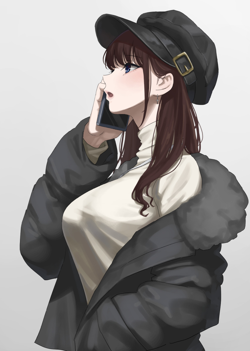 1girl, :o, bangs, black_coat, blue_eyes, breasts, brown_hair, brown_shirt