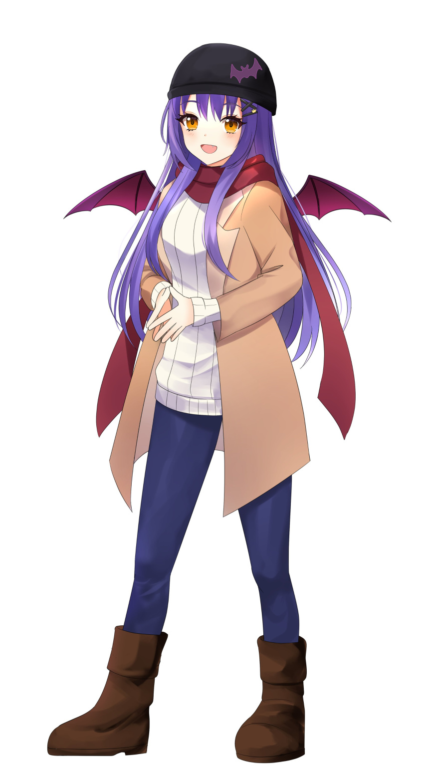 1girl, absurdres, bat_girl, bat_wings, beanie, black_headwear, blue_pants, blush, boots, breasts, brown_coat, brown_footwear, coat, commentary, english_commentary, fang, fingers_together, full_body, hair_ornament, hat, highres, long_hair, medium_breasts, open_mouth, pants, purple_hair, red_scarf, scarf, shinhrofficer, simple_background, smile, solo, standing, sweater, tsunderia, virtual_youtuber, white_background, white_sweater, wings, x_hair_ornament, yazaki_kallin, yellow_eyes