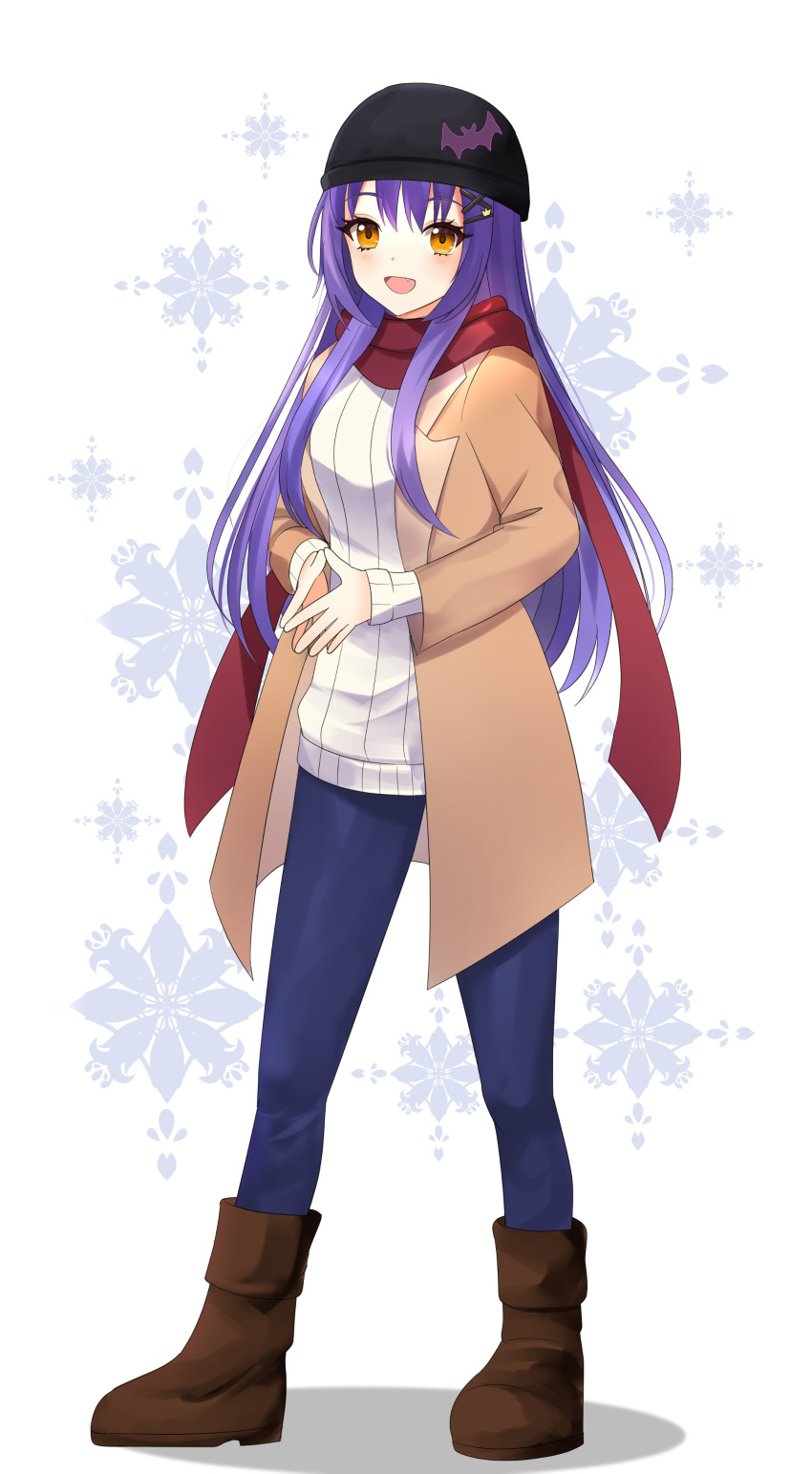 1girl, absurdres, beanie, black_headwear, blue_pants, blush, boots, breasts
