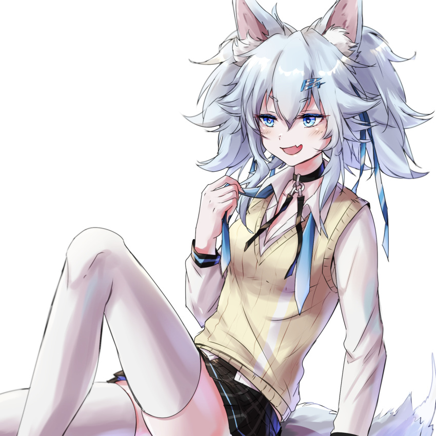 1girl, animal_ears, bangs, blue_eyes, blue_necktie, blue_ribbon, blush, breasts