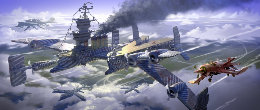 aircraft, airplane, airship, ambiguous_gender, bomber_jacket, clouds, commentary, dalu0831