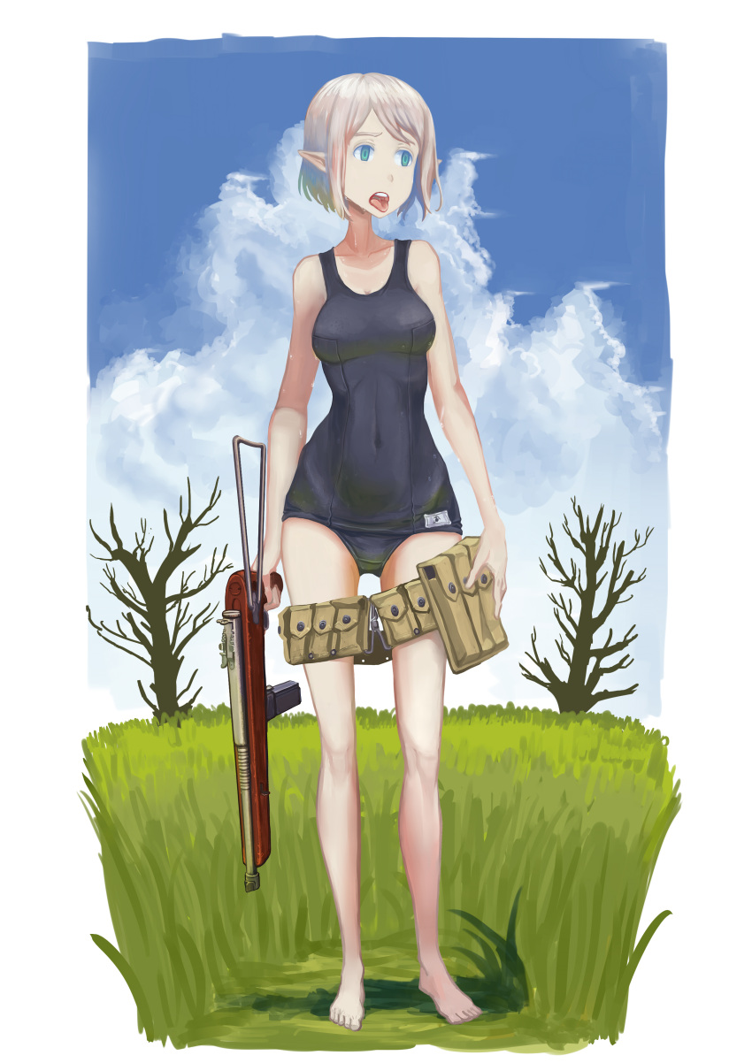 1girl, absurdres, blonde_hair, blue_eyes, blue_sky, breasts, clouds, collarbone
