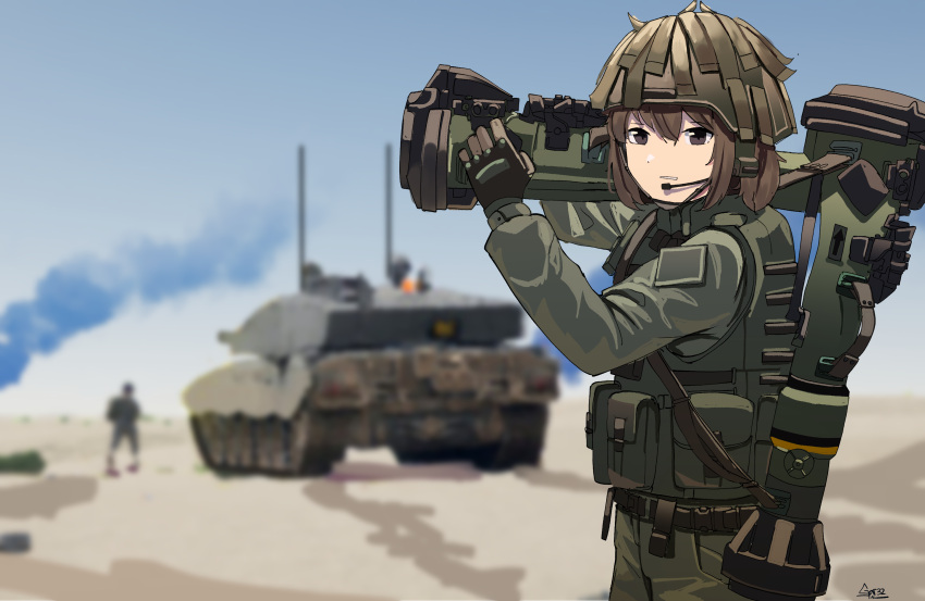 1girl, 1other, a30_challenger, absurdres, bangs, black_gloves, brown_eyes, brown_hair, clenched_teeth, commentary, day, english_commentary, eyebrows_visible_through_hair, gar32, gloves, green_jacket, green_pants, ground_vehicle, hair_between_eyes, hands_up, headset, helmet, highres, holding, holding_weapon, jacket, long_sleeves, looking_at_viewer, military, military_vehicle, motor_vehicle, nlaw, original, outdoors, pants, sand, signature, solo_focus, tank, teeth, weapon