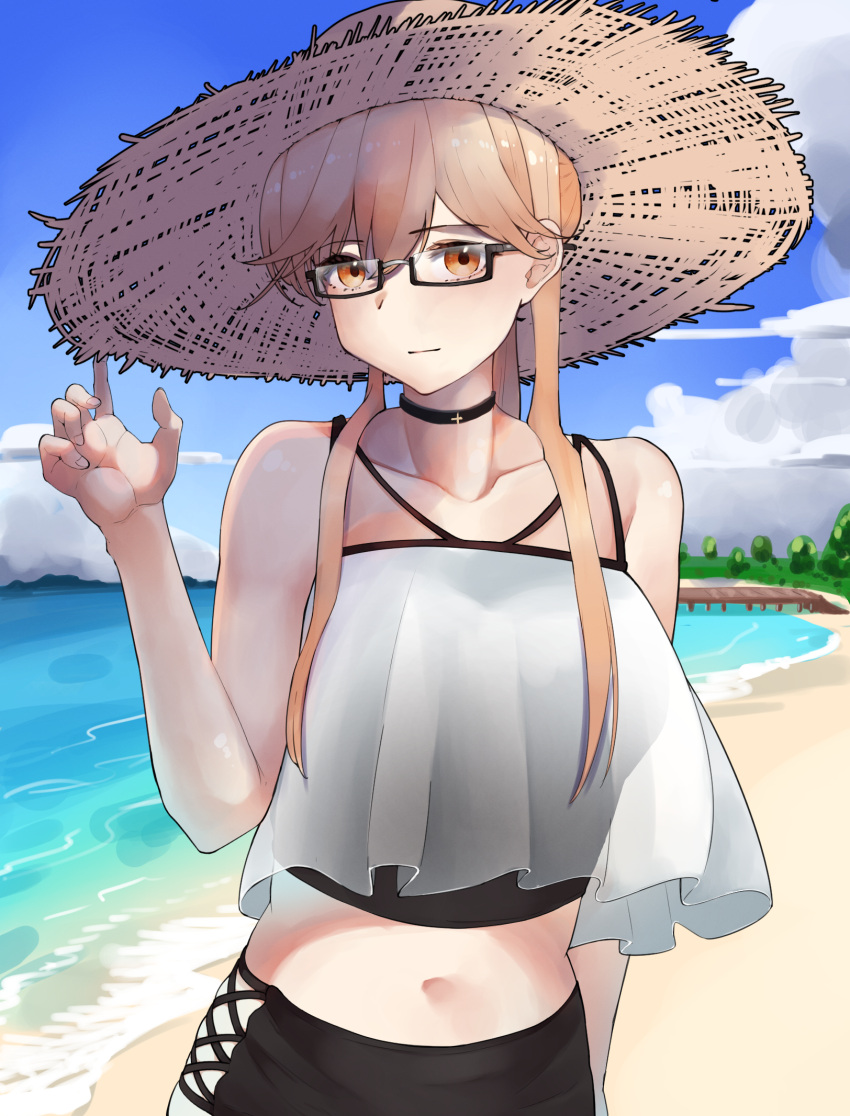 1girl, arm_behind_back, bangs, bare_shoulders, beach, black_choker, black_shorts, blonde_hair