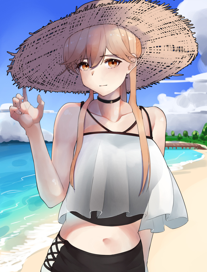 1girl, arm_behind_back, bangs, bare_shoulders, beach, black_choker, black_shorts, blonde_hair