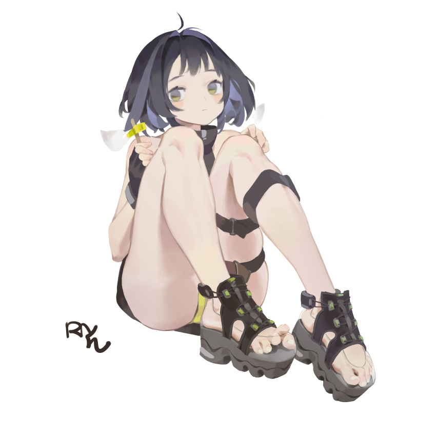 1girl, absurdres, ahoge, arknights, aspirine4832, black_footwear, black_shirt, expressionless, feet, fingerless_gloves, gloves, highres, la_pluma_(arknights), leg_strap, legs, looking_to_the_side, medium_hair, multicolored_hair, no_socks, shirt, sitting, sleeveless, solo, thigh_strap, toes, transparent_footwear, two-tone_hair, white_background