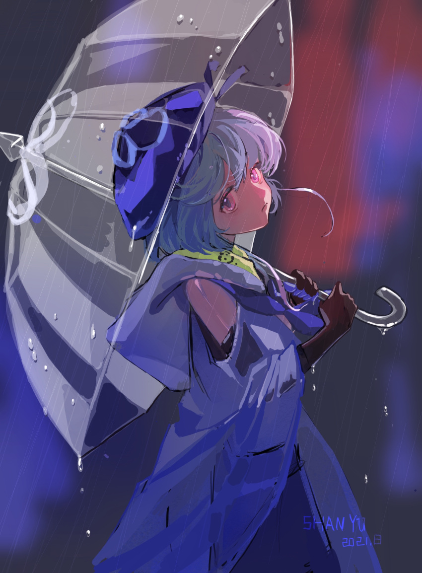 1boy, absurdres, androgynous, arknights, blue_hair, hat, highres, looking_back