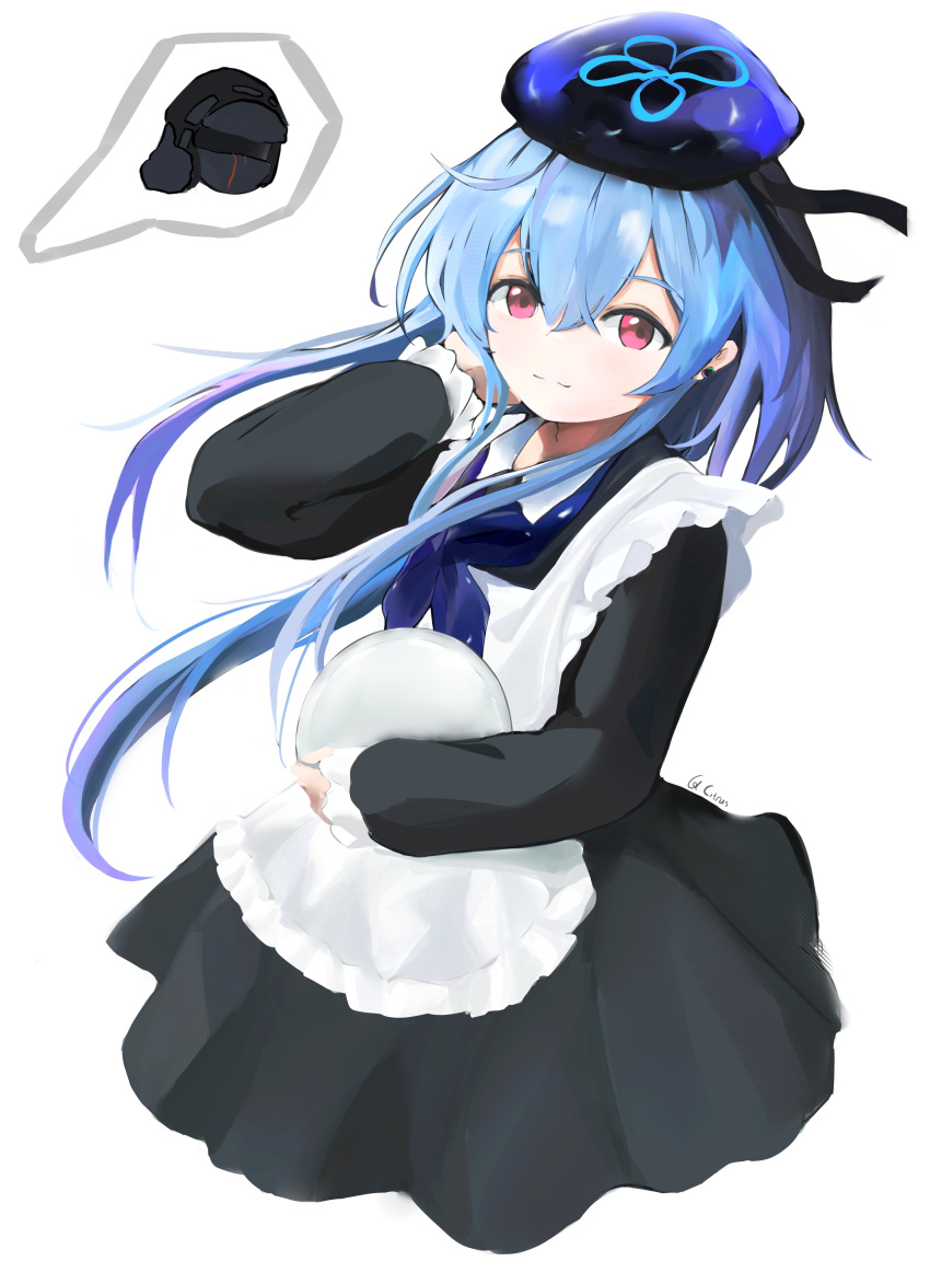 1boy, absurdres, alternate_costume, androgynous, apron, arknights, blue_hair, citrus_(pixiv_32844232)