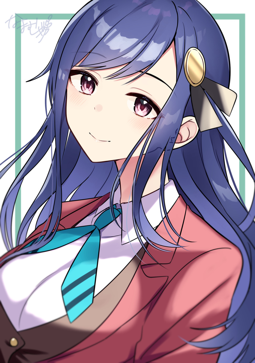 1girl, bangs, blue_hair, blue_neckwear, breasts, closed_mouth, collared_shirt, eyebrows_visible_through_hair