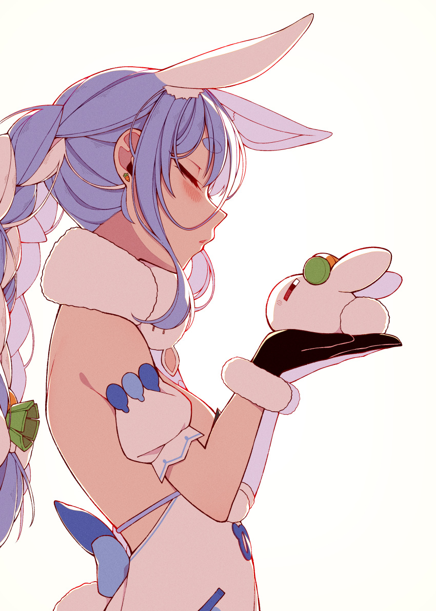 1girl, absurdres, animal_ears, black_gloves, blue_hair, braid, breasts, carrot_earrings