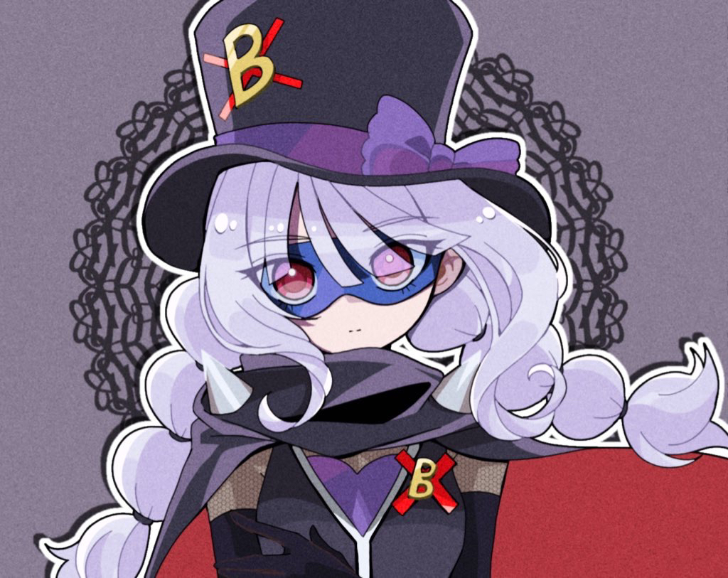asymmetrical_bangs, bangs, black_cape, black_gloves, black_headwear, blue_mask, blunt_bangs, bow
