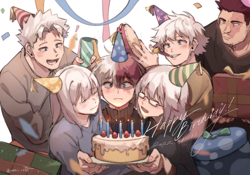 2girls, 3boys, beard, birthday, birthday_cake, birthday_party, blue_eyes, blurry