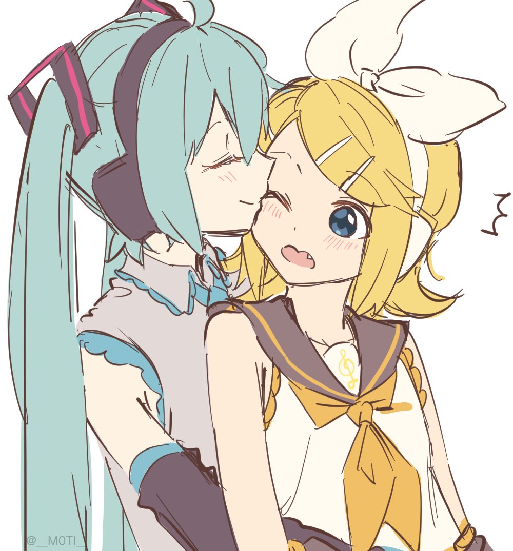 2girls, ^^^, aqua_hair, aqua_necktie, arms_around_waist, bangs, bare_arms, bare_shoulders