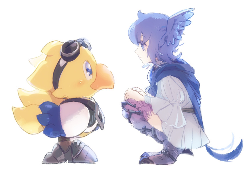 1girl, alpha_(ff14), belt, bird_girl, bird_legs, bird_tail, bird_wings, blue_cape