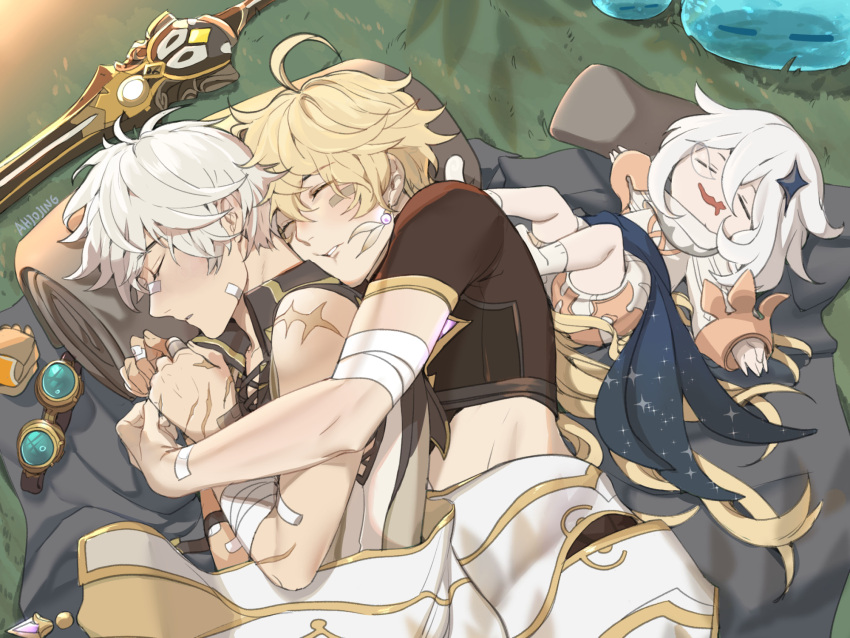 1girl, 2boys, aether_(genshin_impact), ahjojing, bandaid, bandaid_on_nose, bennett_(genshin_impact), blonde_hair
