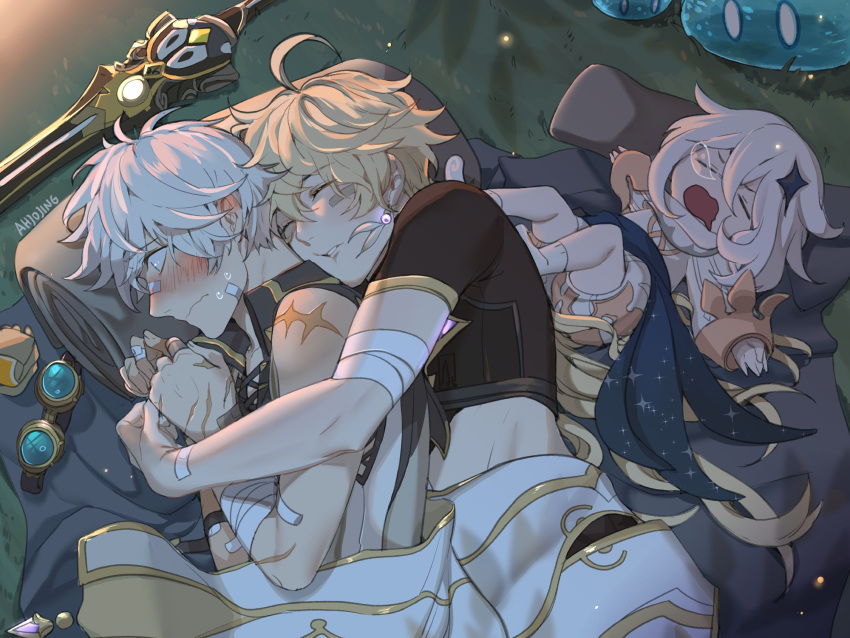 2boys, aether_(genshin_impact), ahjojing, bandaid, bandaid_on_nose, bennett_(genshin_impact), blonde_hair, camping