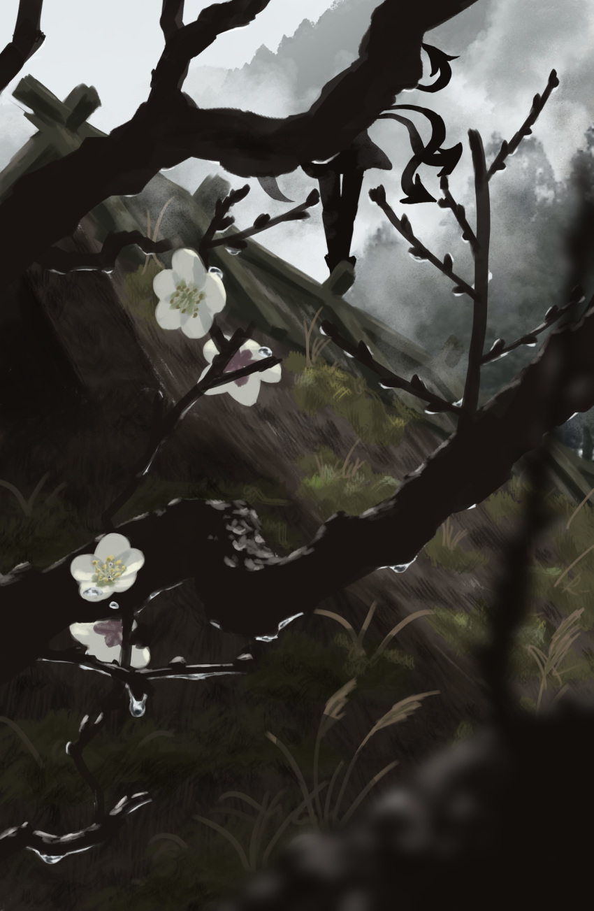 1girl, asymmetrical_wings, branch, commentary_request, day, dew_drop, dress, flower